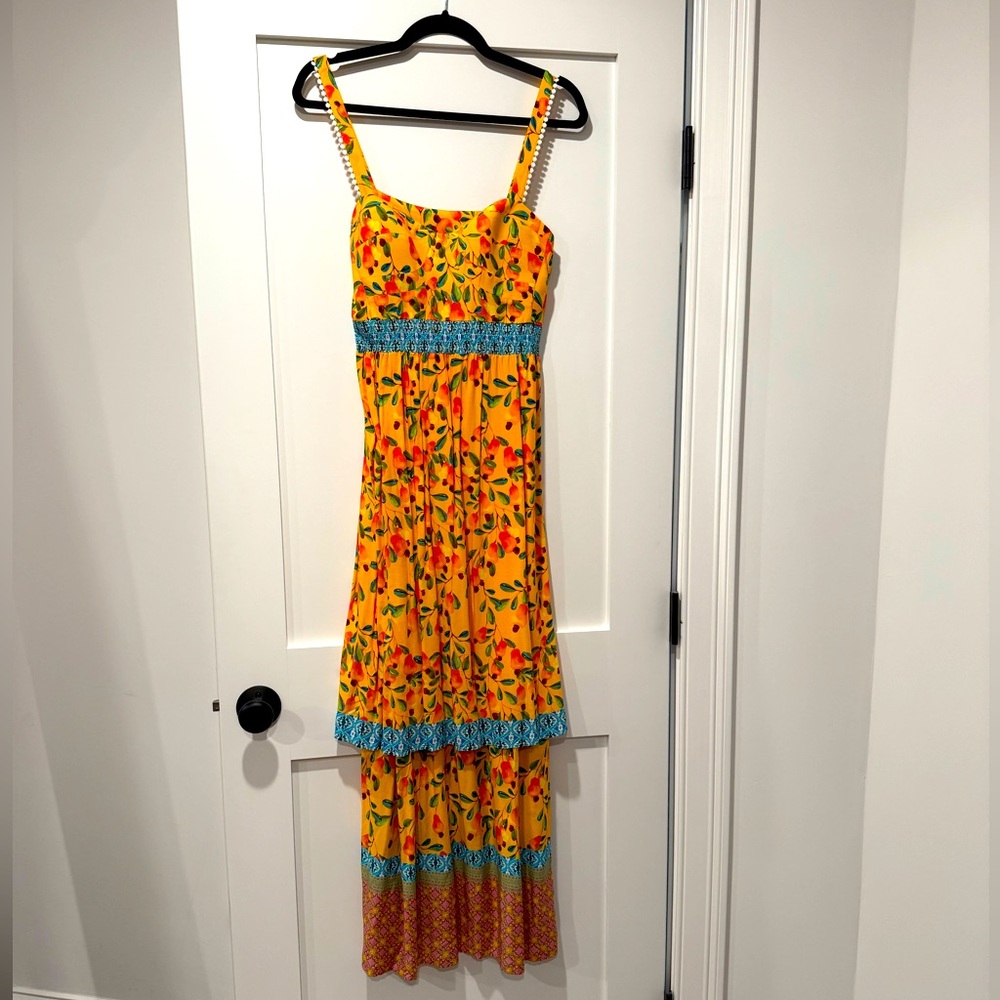 Farm Rio x Anthropologie Orange Yellow Tiered Maxi Sundress